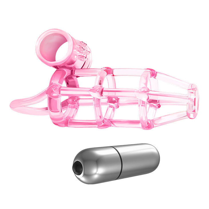 Funda de pene jaula vibrador con estimulador clitoris