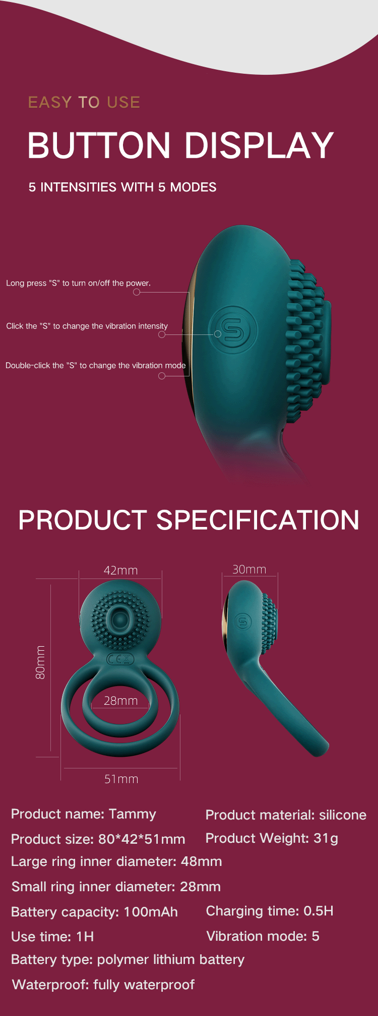 Tammy Anillo Vibrador para pene recargable